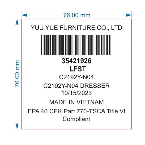 White label on the rear panel of recalled dresser (White)